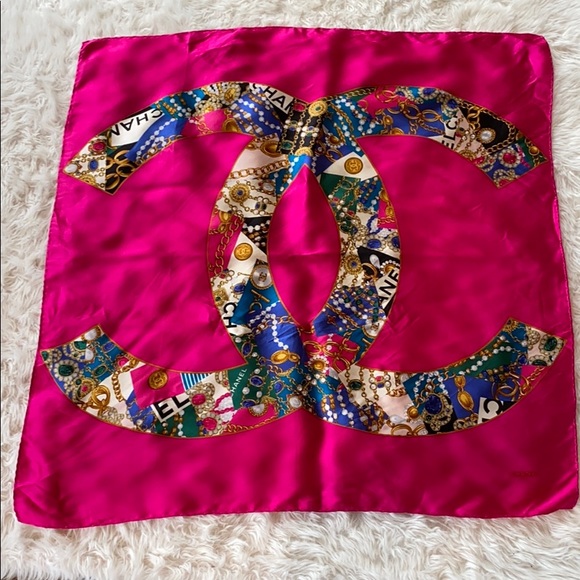 CHANEL Accessories - Chanel pink jewel print logo CC bijoux silk scarf.
